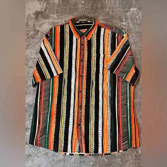 MCEDAR Men's Short Sleeve Button-Up Shirt in Black, Orange & Green XL - Picture 1 of 9